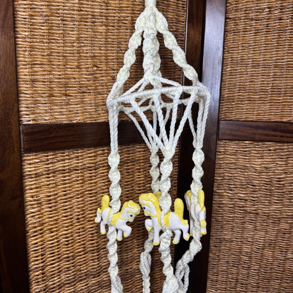 Vintage Macrame Carousel Horse Hanging Plant Holder Nursery Mobile Cream Yellow